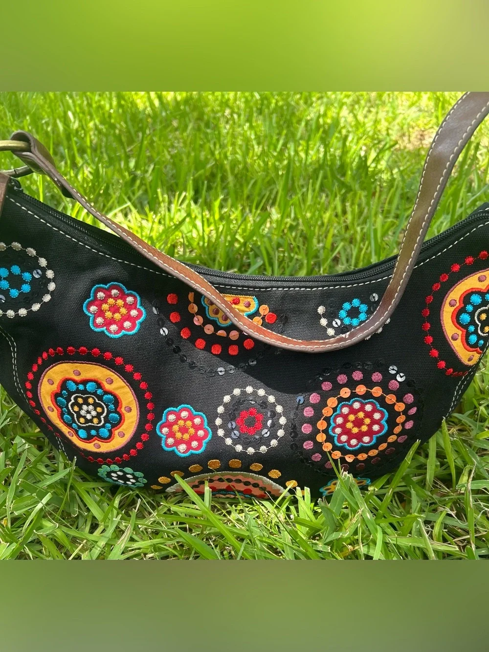 Relic Black Shoulder Bag with Multicolor Embroidered Medallions